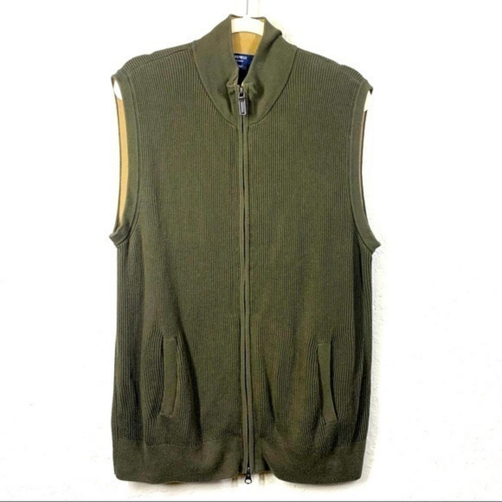 CREMIEUX Classics Olive Green Full-Zip Cotton Knit Sweater Vest‎